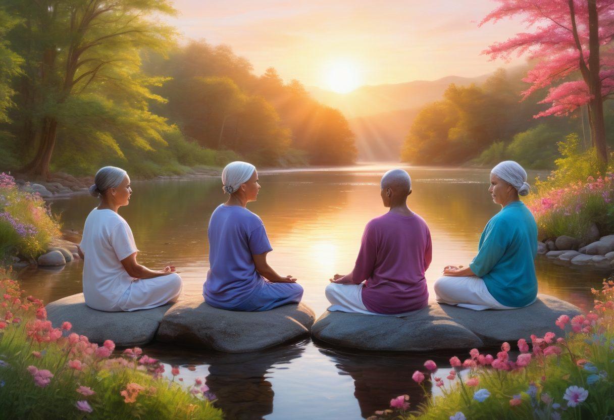 A serene scene depicting a diverse group of cancer patients in a supportive circle, sharing strategies for wellness. The backdrop features a bright and hopeful sunrise symbolizing resilience, alongside elements of nature like blooming flowers and gentle streams emphasizing healing. Each individual is portrayed expressing positivity and strength, showcasing various wellness activities such as meditation and art. super-realistic. soft pastels. uplifting atmosphere.