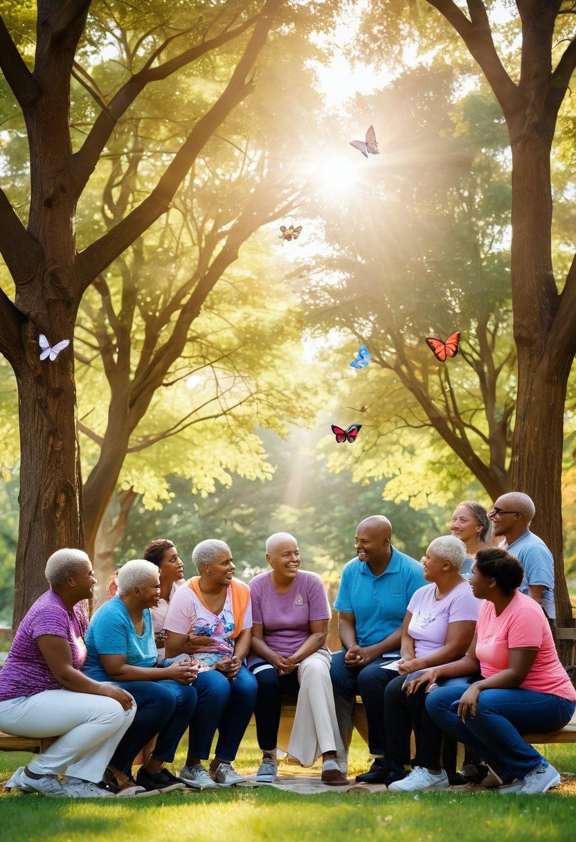 A hopeful scene depicting a diverse group of cancer survivors in a park, sharing stories and support, with soft sunlight filtering through trees. Include symbolic elements like ribbons of different colors and butterflies representing transformation. The background should feature a support group banner that promotes community. super-realistic. vibrant colors. warm atmosphere.